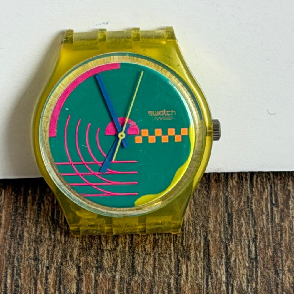 Swatch Watch Head Unisex Neon Yellow Teal Vintage 80s